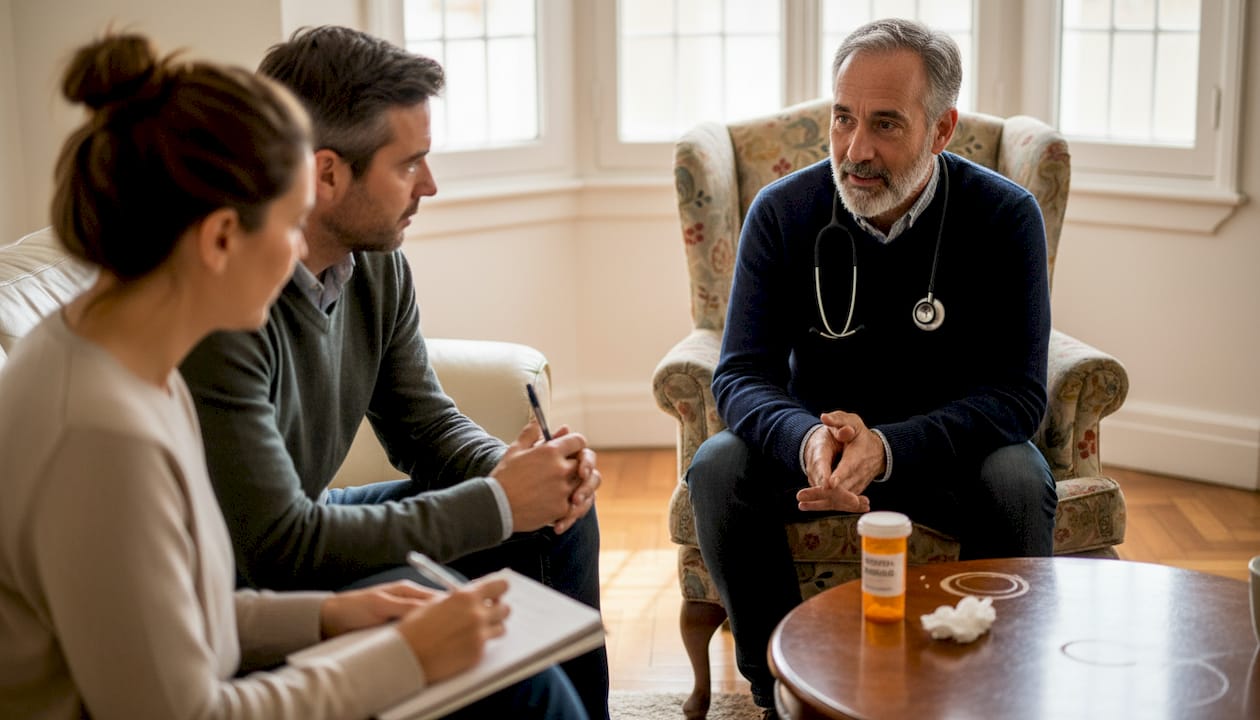 El médico realiza una visita a domicilio y conversa con la familia para atender sus necesidades de salud.