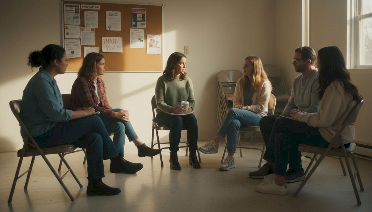 Community grief support group in discussion