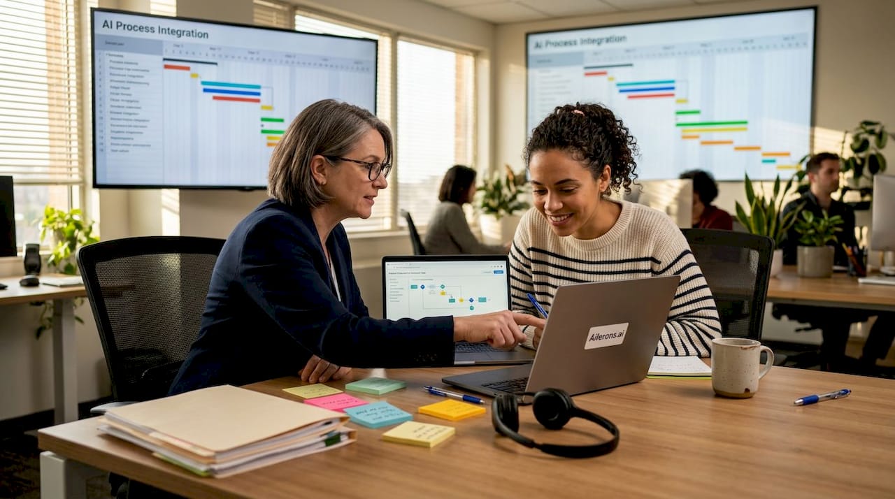 Colleagues reviewing AI process map together