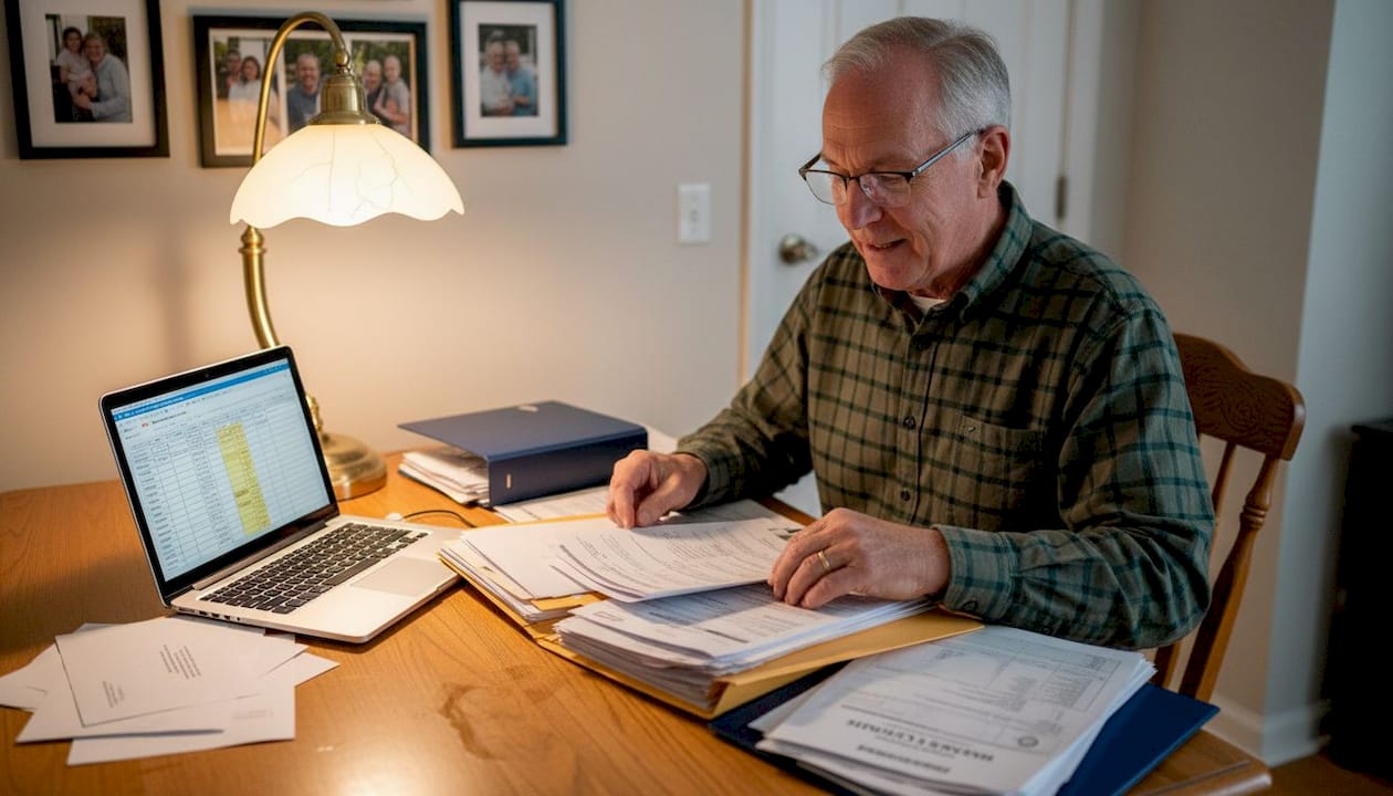 Senior organizing important care documents at home