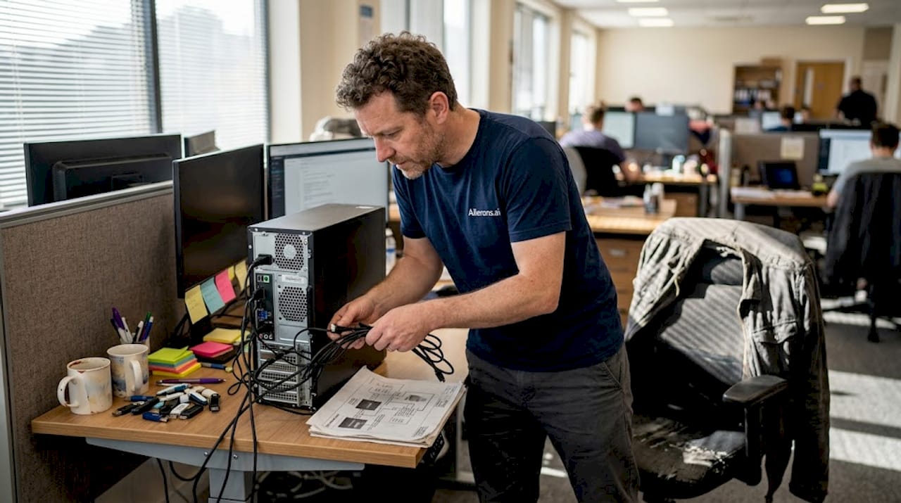 IT staff reconnecting cables for office system