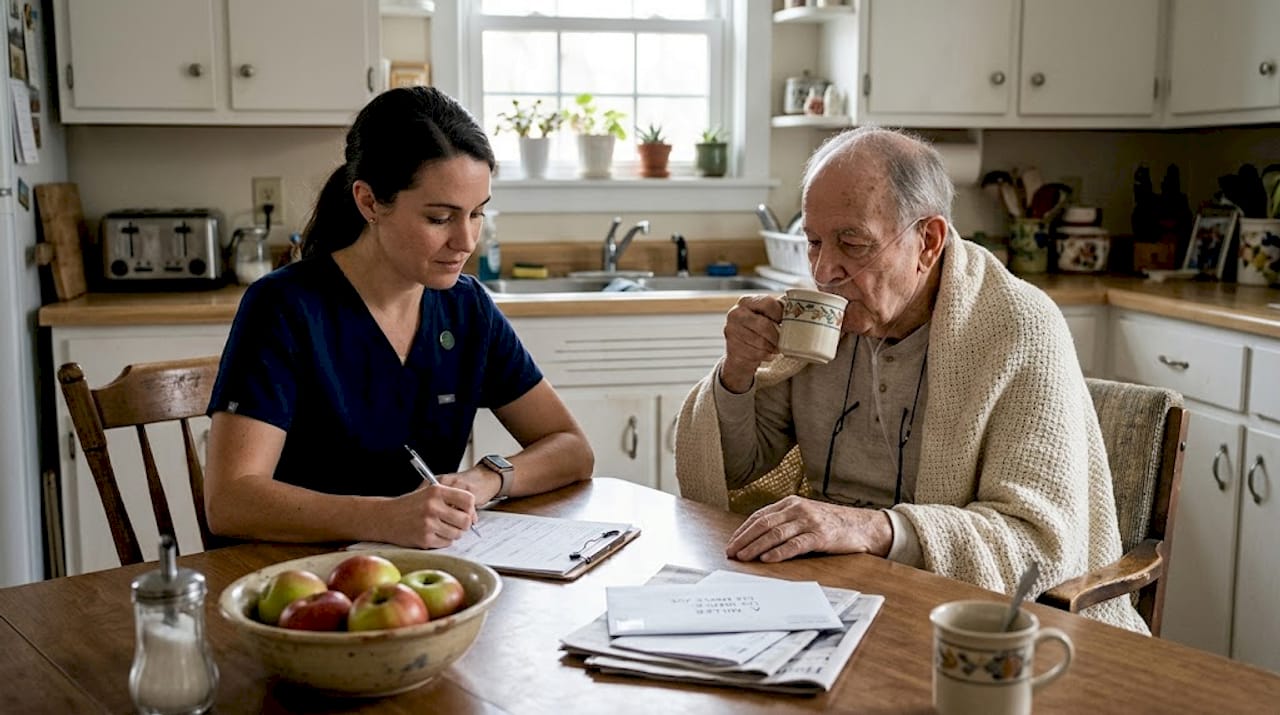 Hospice nurse and patient at kitchen table