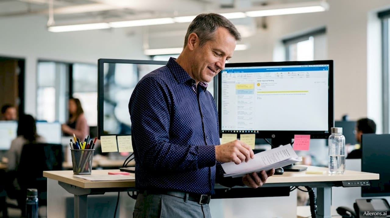 Manager reviewing vendor requests at standing desk