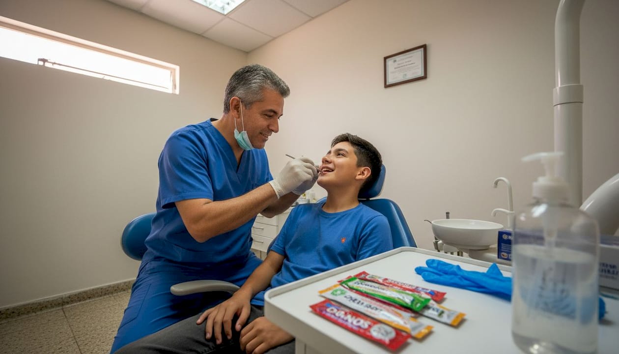 El dentista realiza una revisión dental de rutina.