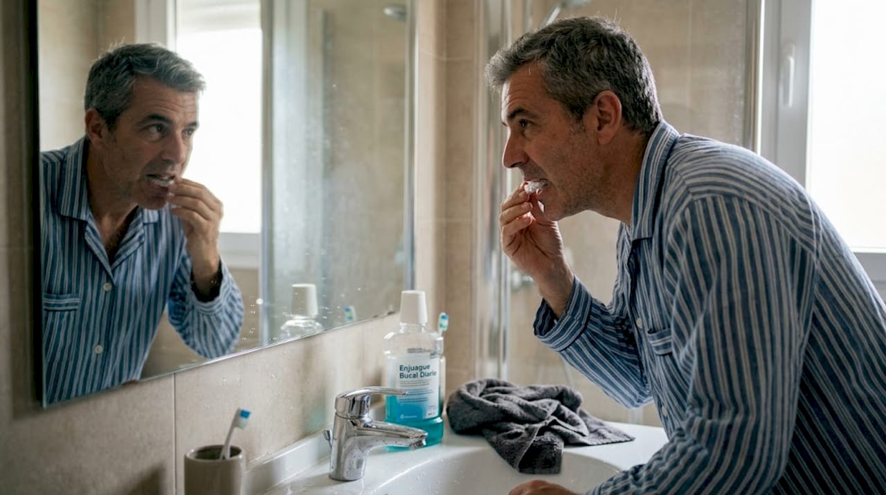 Un hombre adulto se coloca su retenedor dental en casa, asegurándose de seguir su rutina para cuidar la salud de sus dientes.
