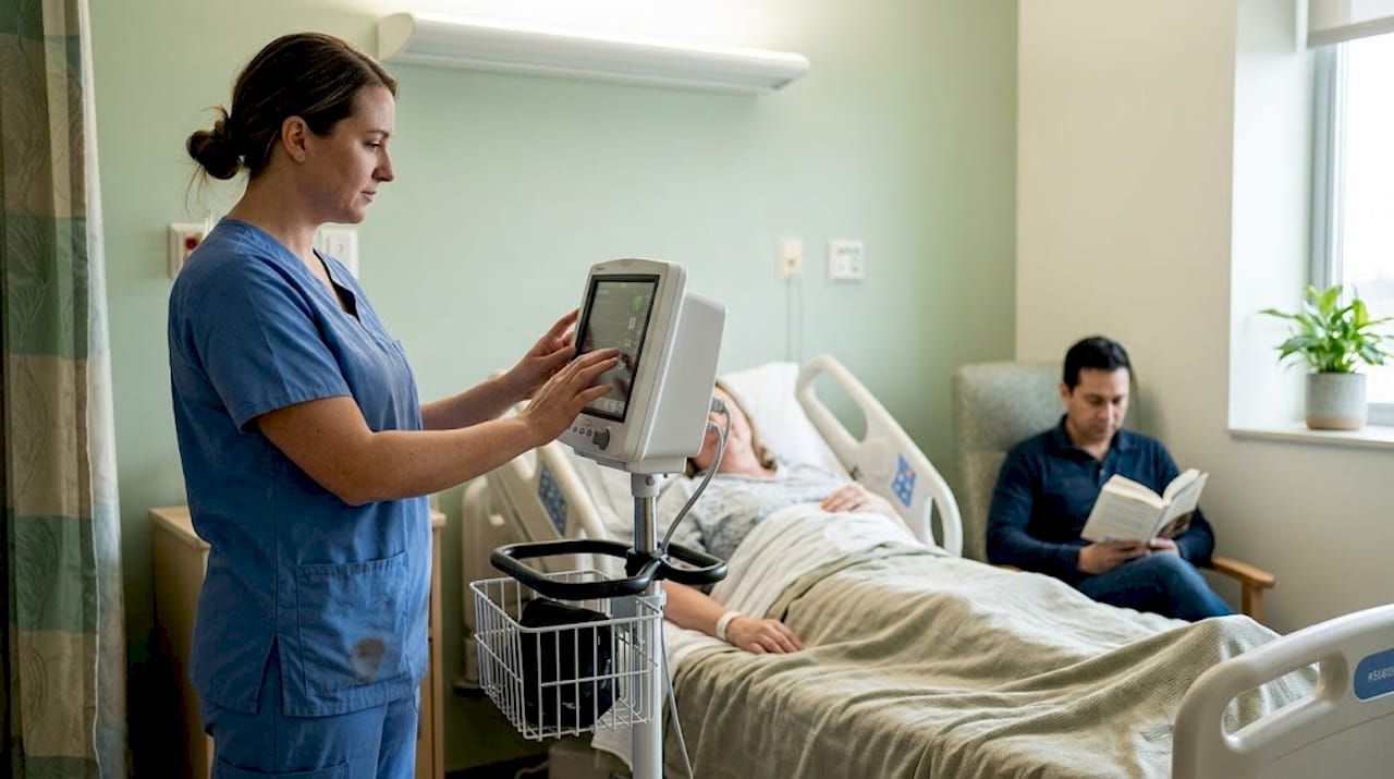 Nurse monitoring hospice patient in hospital room