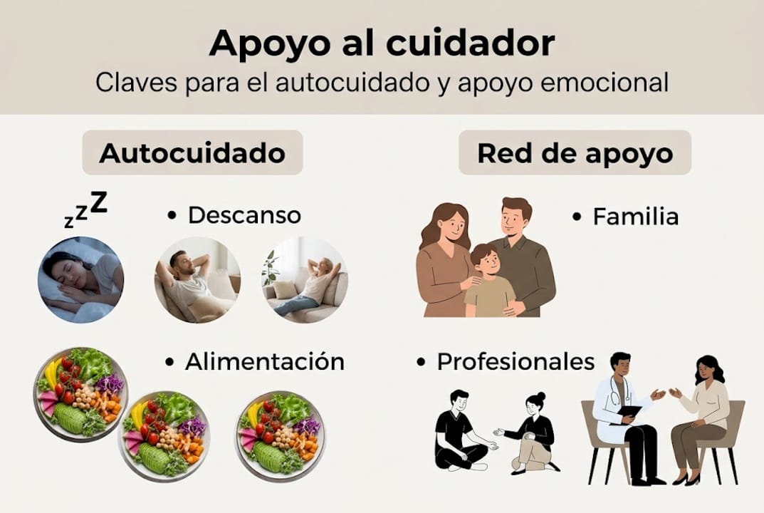 Guía visual sobre cómo cuidarte y encontrar apoyo emocional si eres cuidador