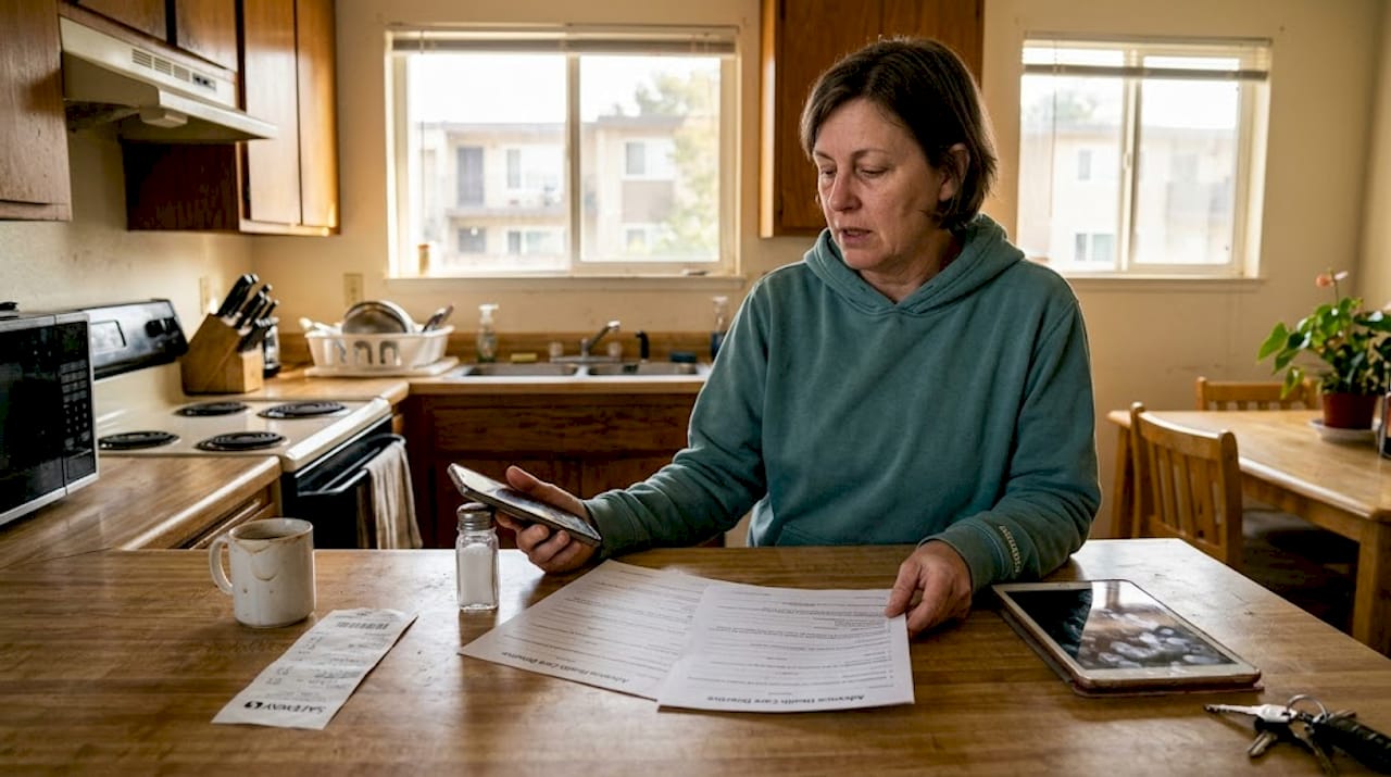 Woman reviewing paperwork on kitchen counter