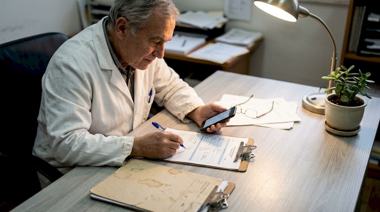 El médico analiza el documento de certificación para cuidados paliativos.