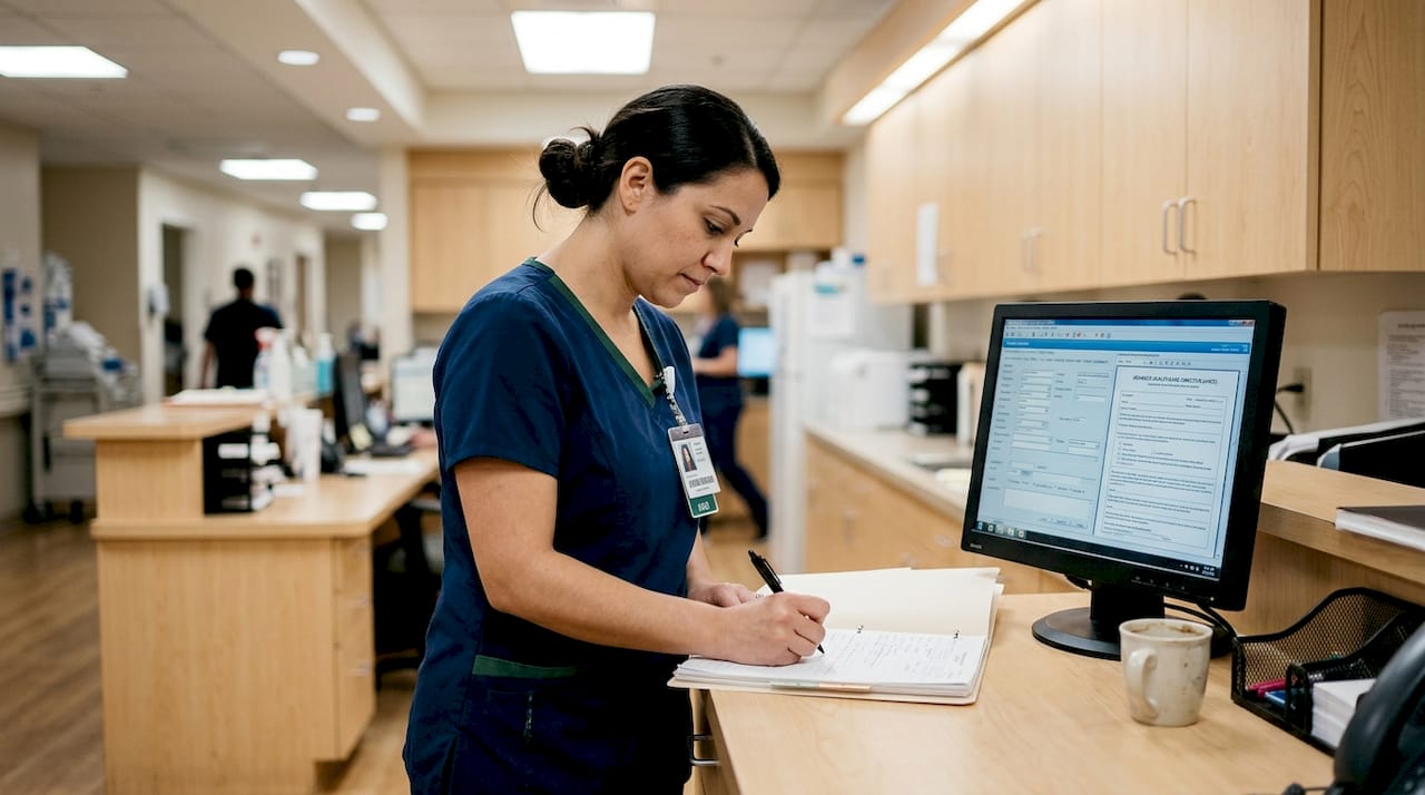 Hospice nurse reviews patient care documents