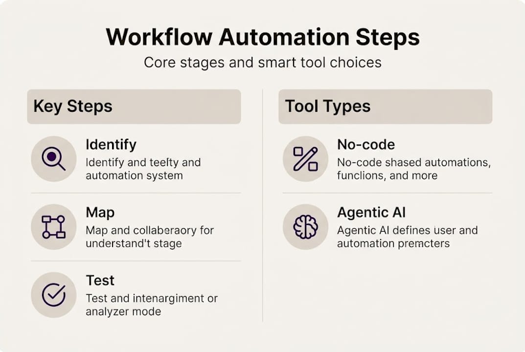 Infographic showing workflow automation steps and tools