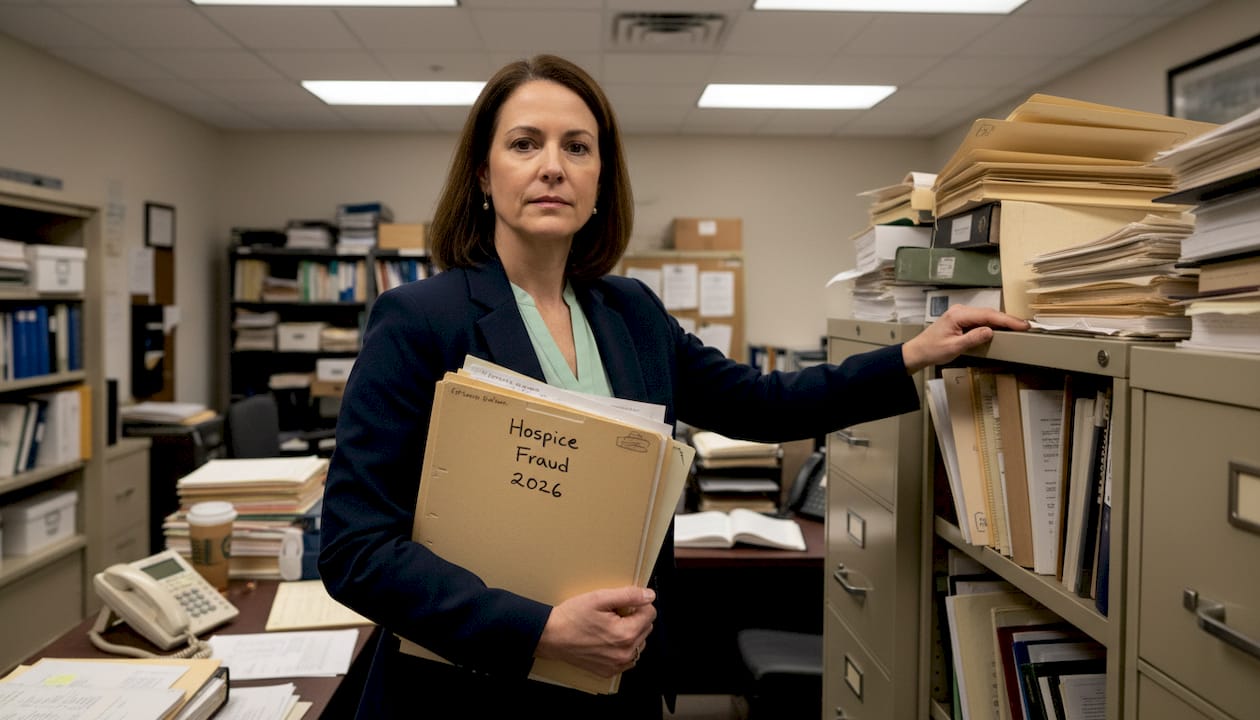 Attorney reviewing hospice fraud case files