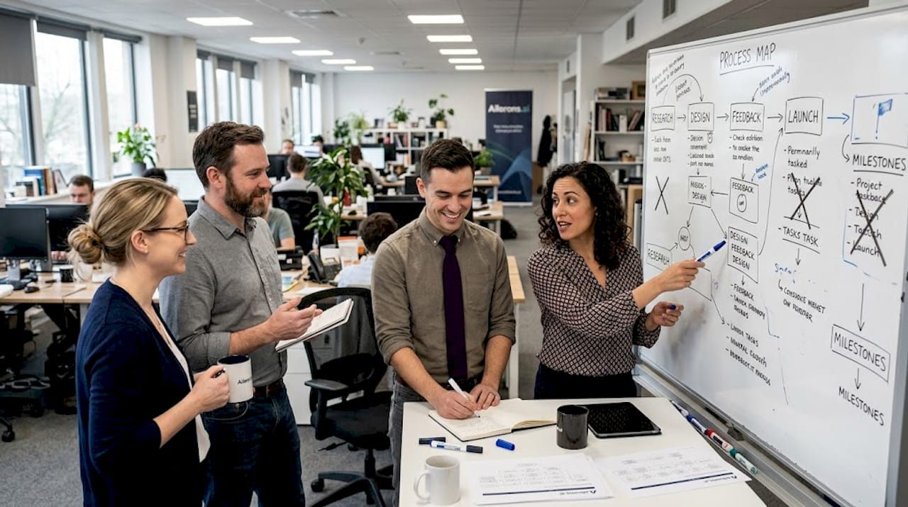 Team discusses workflow redesign at whiteboard