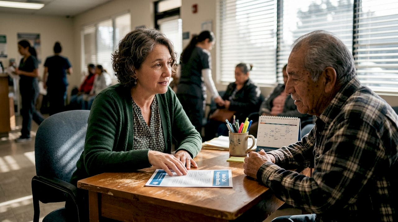 Social worker explaining Medi-Cal hospice benefits