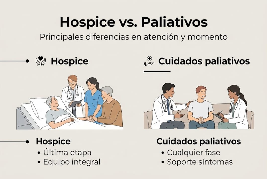 Infografía: principales diferencias entre cuidados paliativos y atención en hospicio