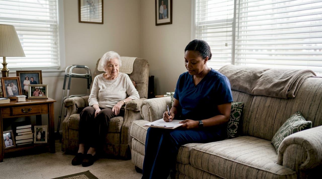 Hospice nurse completing insurance forms during home visit