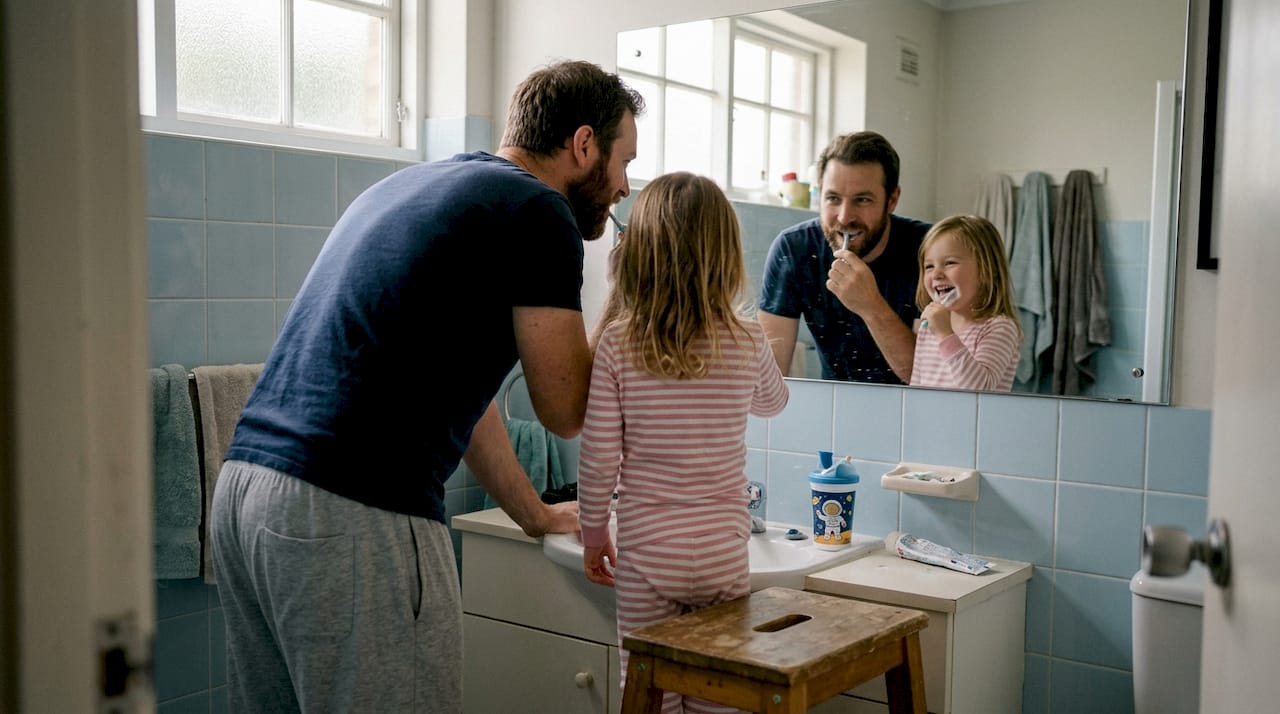 Father and daughter brushing teeth together