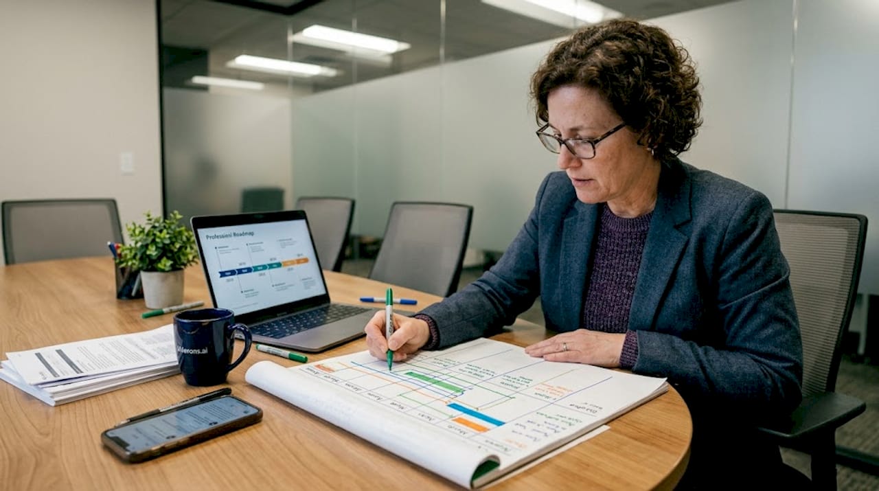 Manager planning AI adoption roadmap with notes
