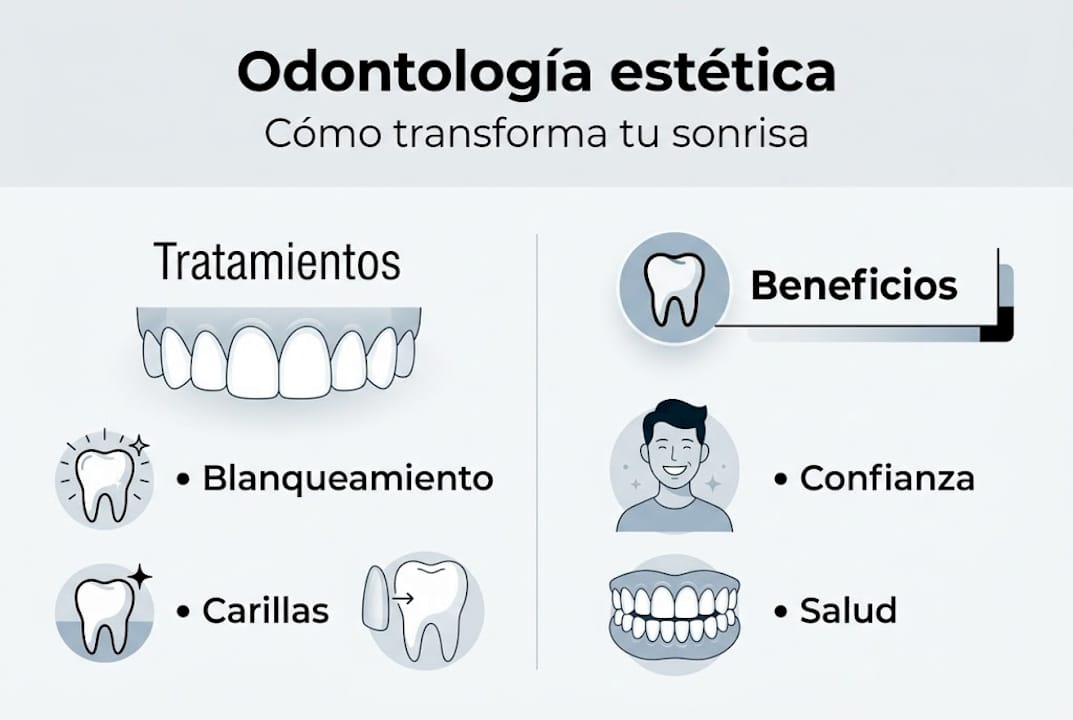 Diseño visual sencillo sobre los tratamientos de odontología estética y sus ventajas