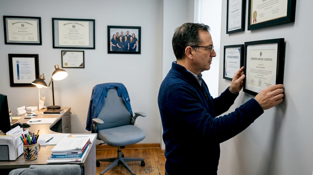 Un padre revisa los certificados en la sala del dentista