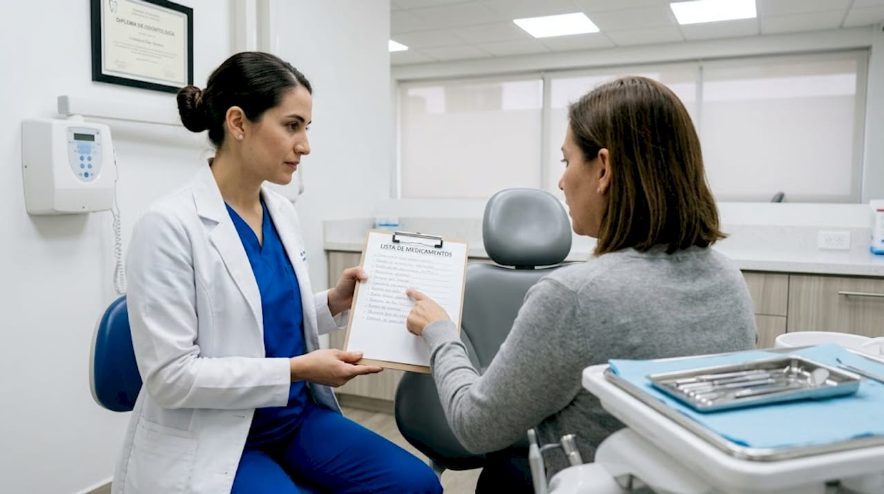 El dentista revisa el historial médico junto al paciente antes de comenzar la consulta.