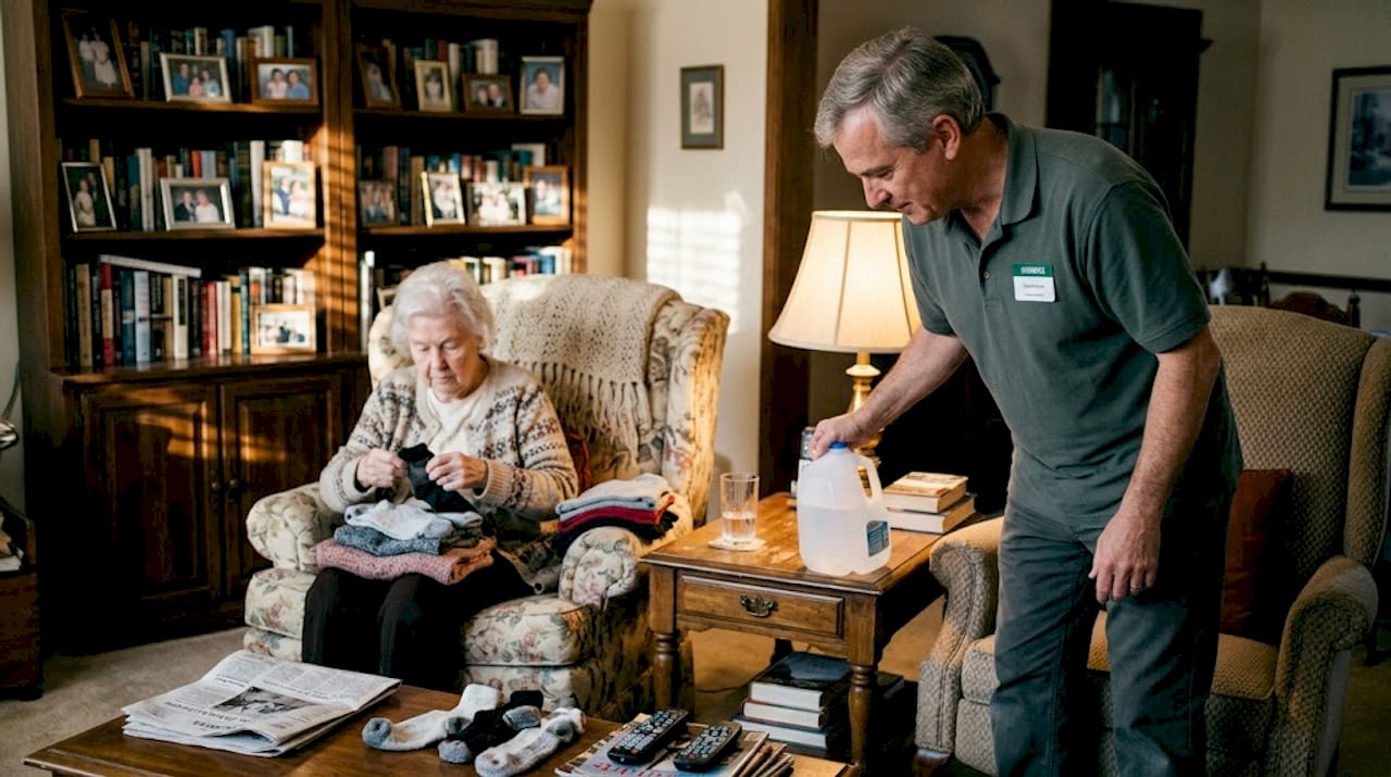 Hospice volunteer offering household support scene