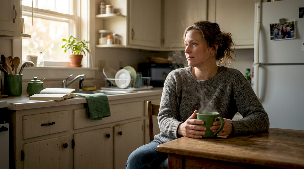 Caregiver resting at kitchen table with tea