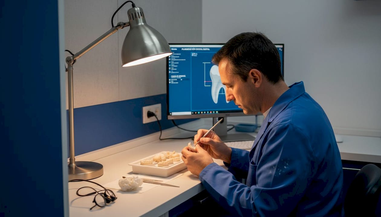 Protésico dental dando los últimos retoques a una corona en su mesa de trabajo.