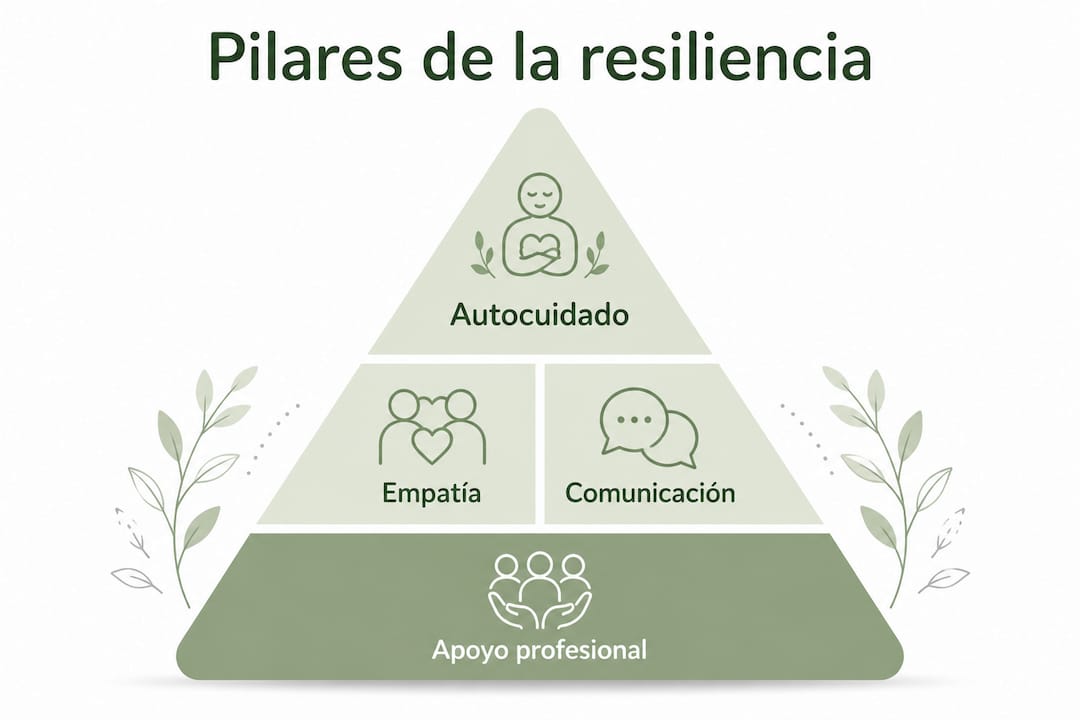 Infografía estructurada sobre los pilares fundamentales de la resiliencia en cuidados paliativos