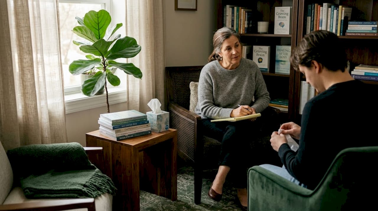 Therapist counsels client in warm office