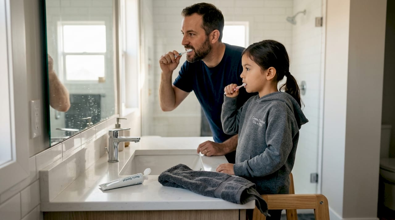 Un niño aprende a cepillarse los dientes correctamente gracias a la guía de su padre.