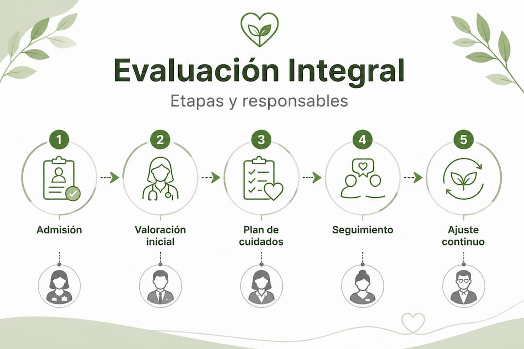 Infografía sobre los pasos esenciales para una evaluación integral en cuidados paliativos