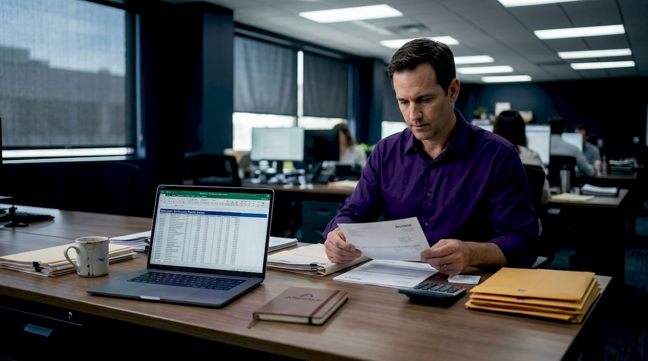 Clerk processes invoices at shared office table
