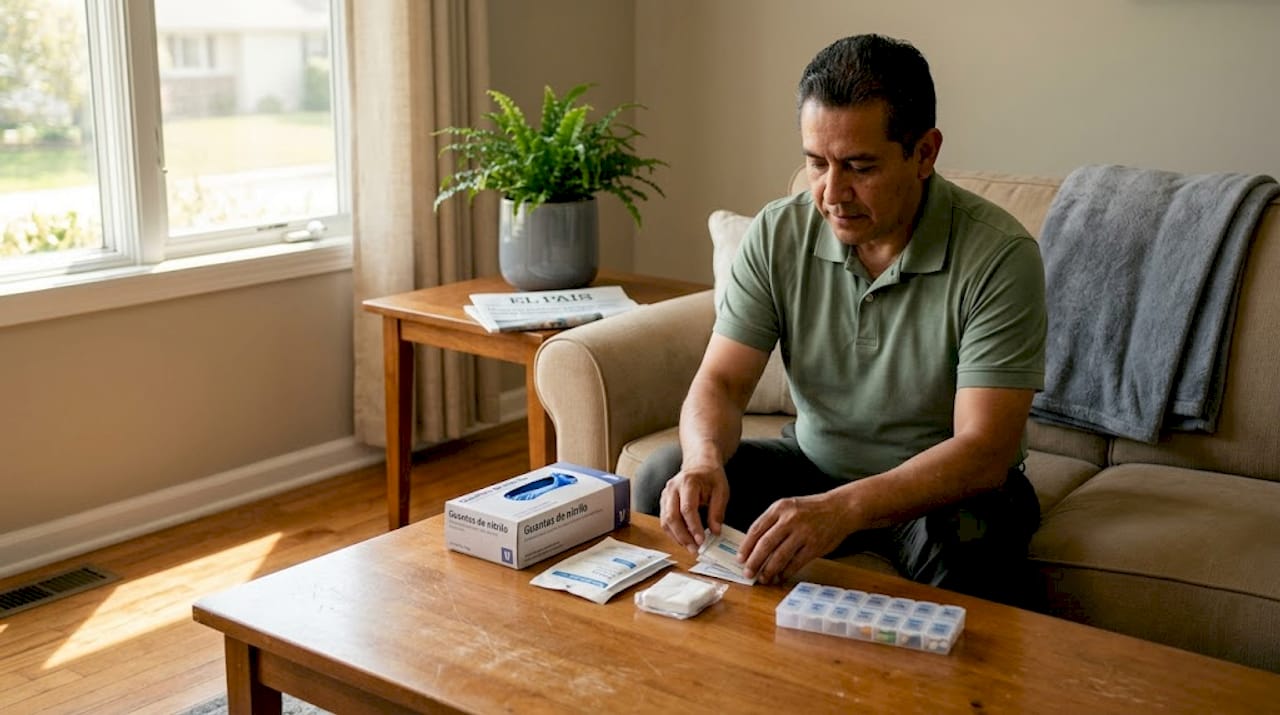 Una cuidadora en casa organiza medicamentos y materiales médicos en la sala de estar.