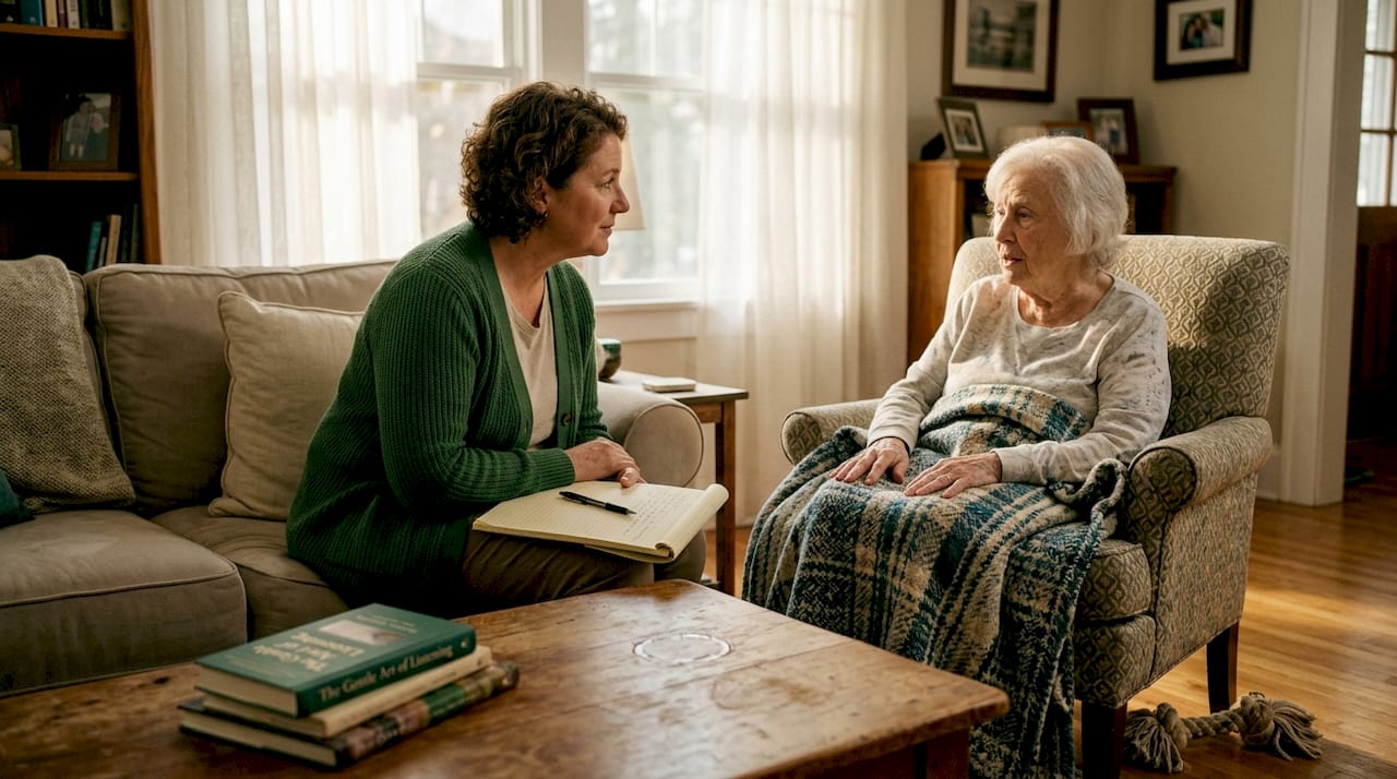 Caregiver listening to hospice patient talk