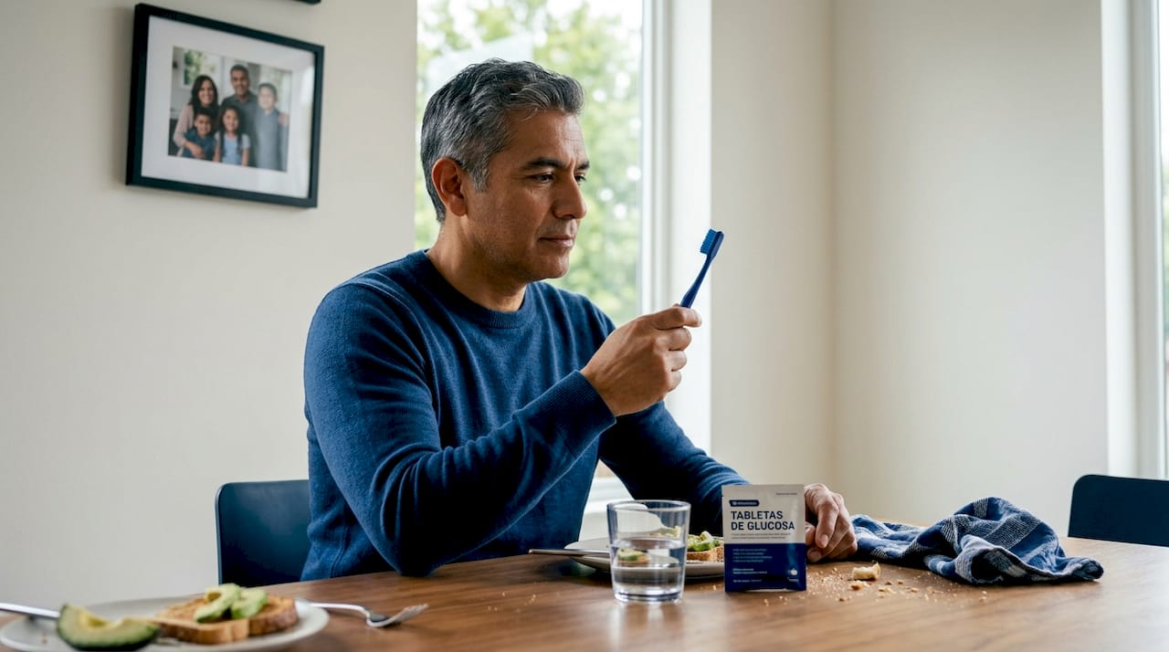 Hombre hispano atento al cuidado de su salud bucal y la prevención de la diabetes