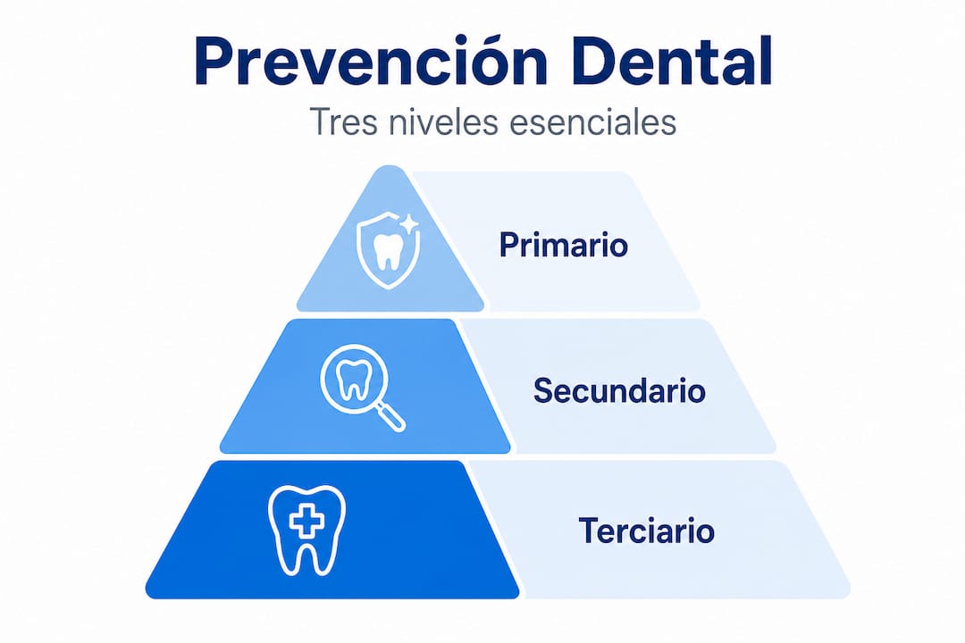 Infografía en forma de pirámide sobre los distintos niveles de prevención en salud bucodental