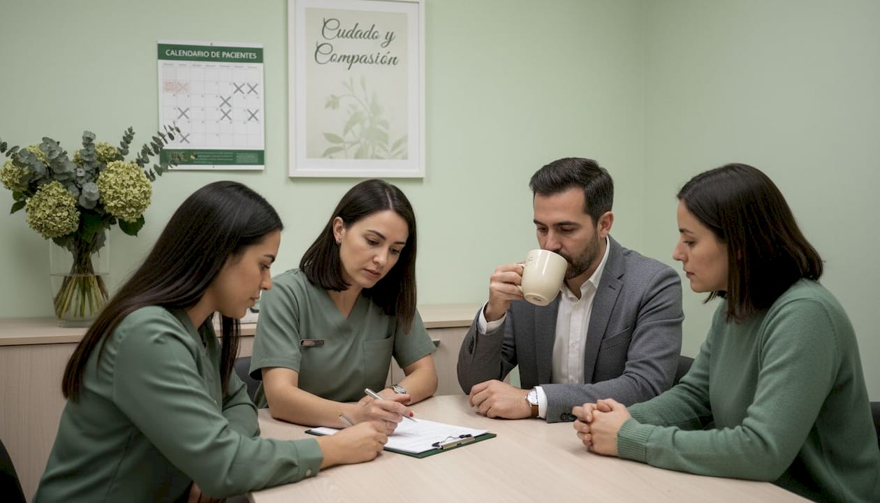 El equipo de cuidados paliativos se reúne en la sala de personal para trabajar en conjunto y coordinar la atención a los pacientes.