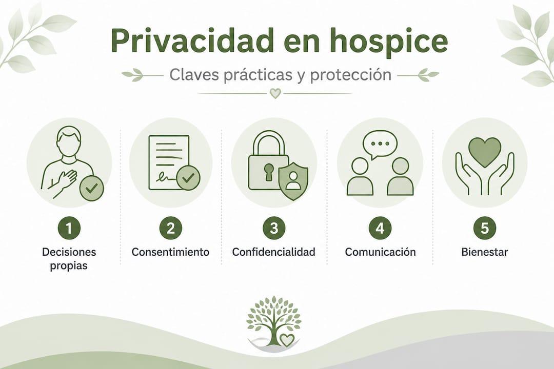 La infografía destaca los aspectos fundamentales de la privacidad en el entorno de cuidados paliativos.