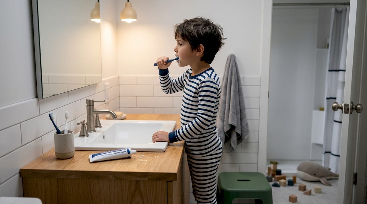 Un niño cepillándose los dientes antes de irse a la cama.