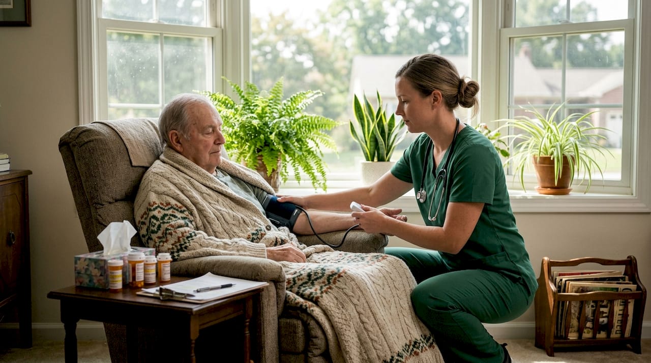 Hospice nurse checks elderly patient's blood pressure