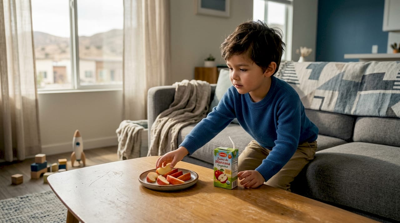 Un niño disfruta de unas rodajas de manzana mientras está en el salón de casa.