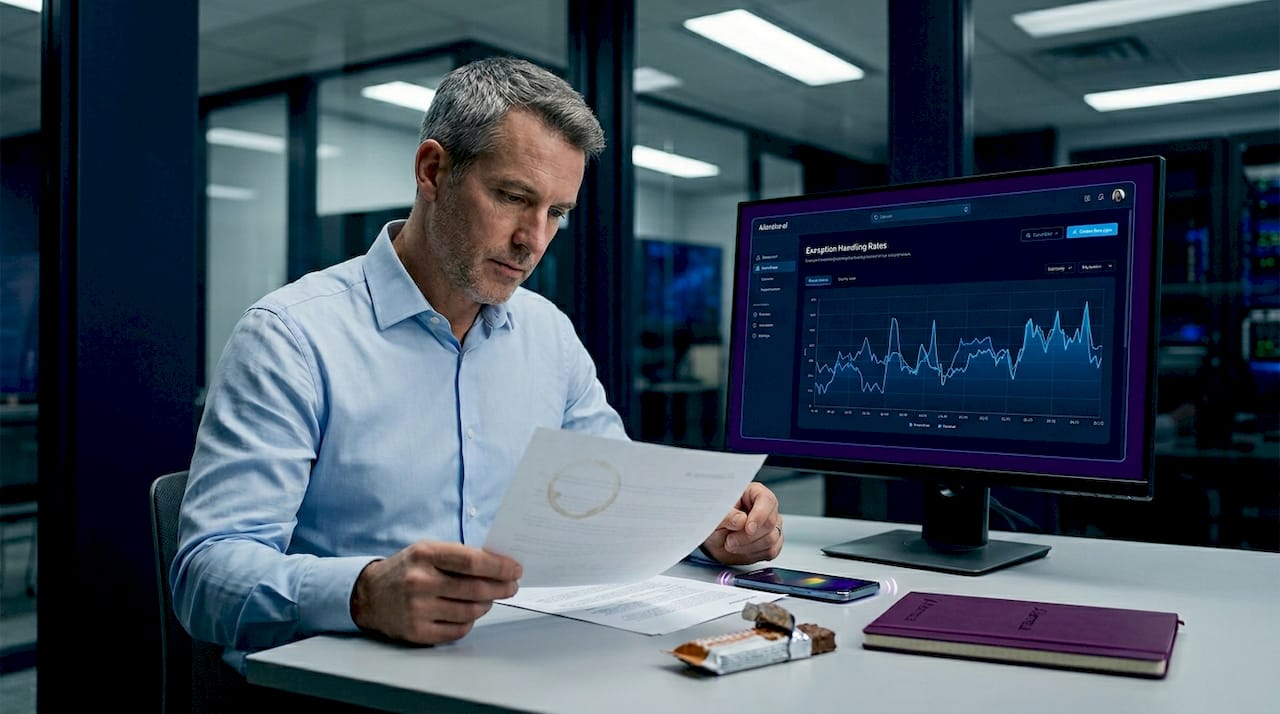 Manager examines AI exception data printout