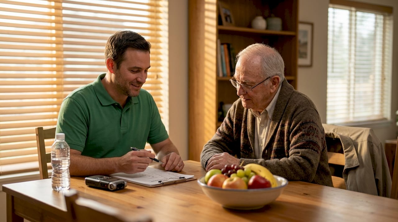 Social worker reviewing checklist with elderly man