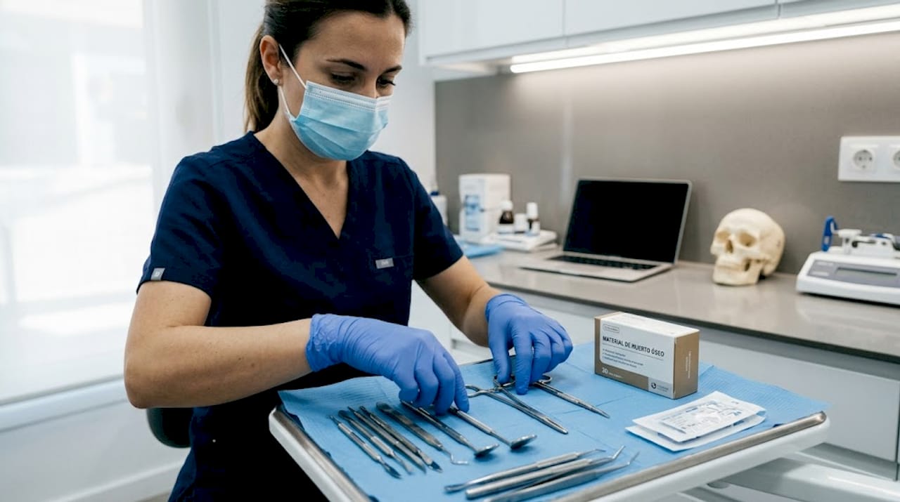 El odontólogo organiza y prepara los instrumentos necesarios para realizar un procedimiento de regeneración ósea.