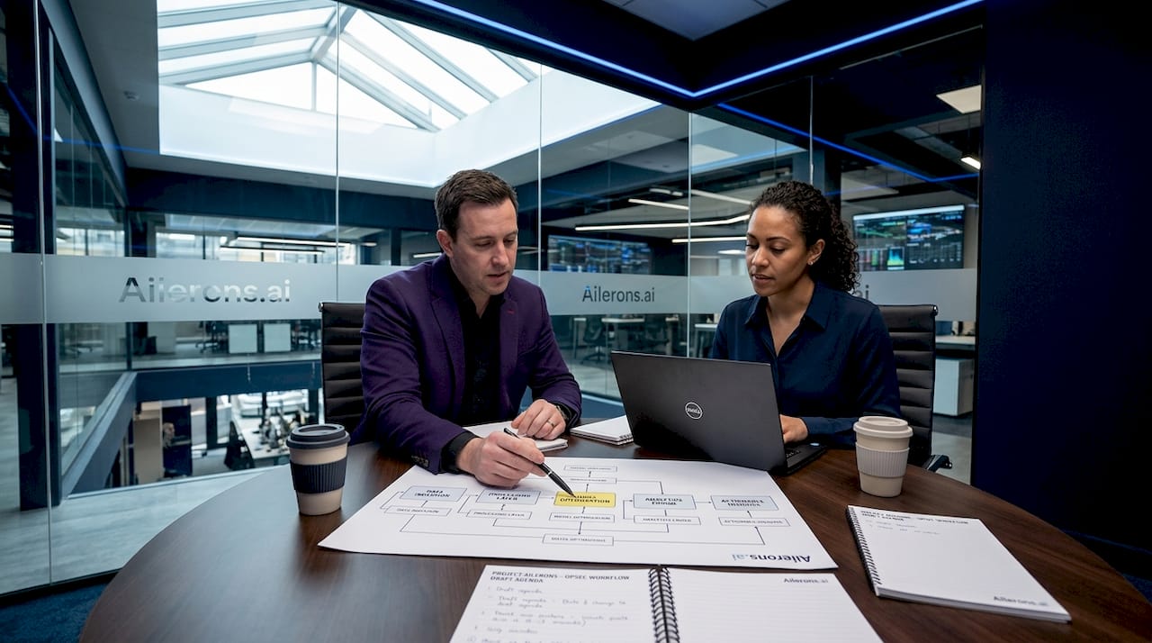 Team reviews workflow diagram in conference room