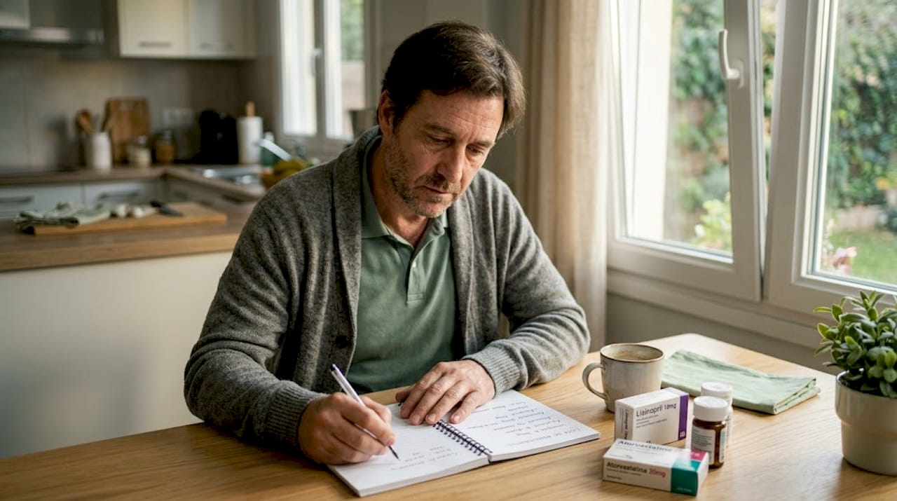 Familiar encargado de cuidados revisando las indicaciones del médico