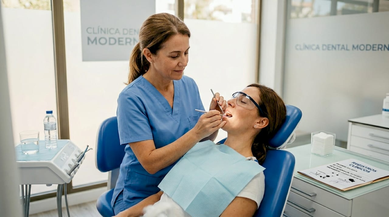 Higienista bucodental realizando una revisión a una paciente adulta