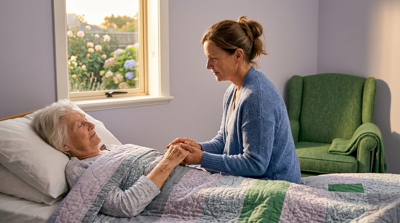 Caregiver gently holding patient’s hand in bedroom