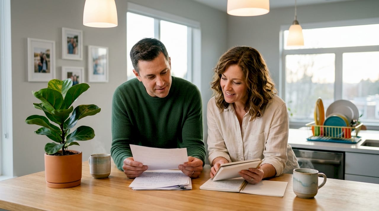 Siblings reviewing hospice options in kitchen
